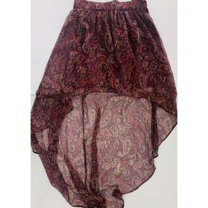 Red high/low chiffon paisley skirt.